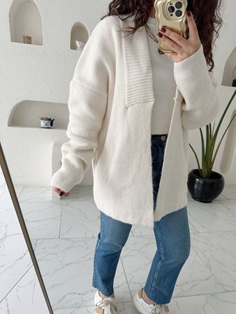 Ekru Cep Detaylı Şal Yaka Hırka