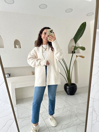 Ekru Cep Detaylı Şal Yaka Hırka