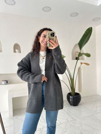 Antrasit Cep Detaylı Şal Yaka Hırka