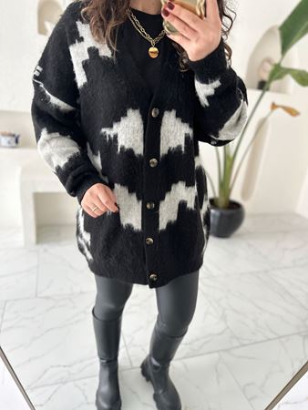 Siyah Ekru V Yaka Oversize Hırka