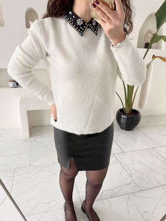 Ekru Gömlek Yaka Taş Detay Kazak