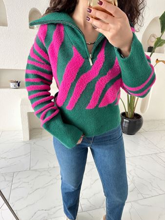 Zümrüt Fuşya Kamyoner Yaka Kazak