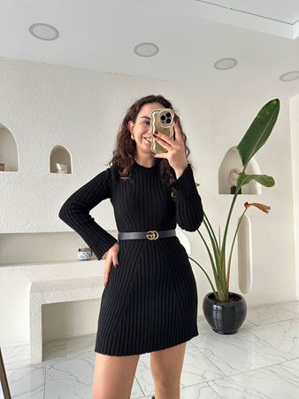 Siyah Fitilli Kumaş Triko Mini Elbise