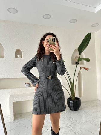 Antrasit Fitilli Kumaş Triko Mini Elbise