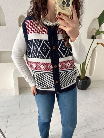 Lacivert Desenli Düğmeli Yelek