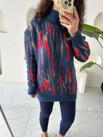 Lacivert Şardonlu Balıkçı Yaka Desenli Kazak