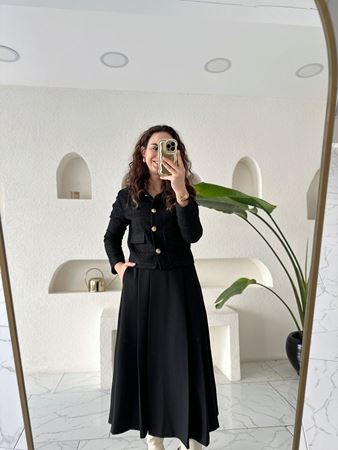 Siyah Gold Düğmeli Kapaklı Cep Detaylı Tüvit Ceket