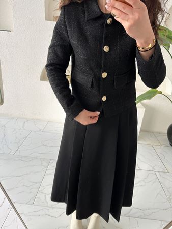 Siyah Gold Düğmeli Kapaklı Cep Detaylı Tüvit Ceket