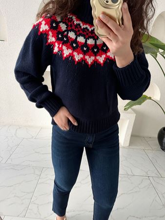 Lacivert Desenli Balıkçı Yaka Kazak