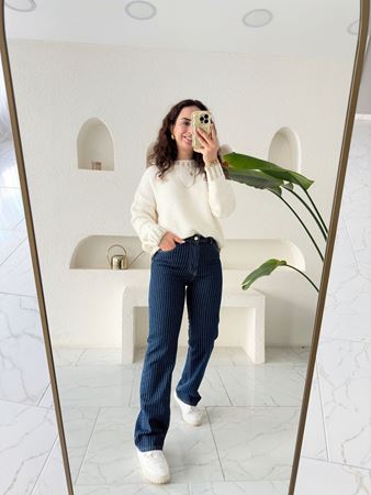 Lacivert Yüksek Bel Simli Straight Fit Jean