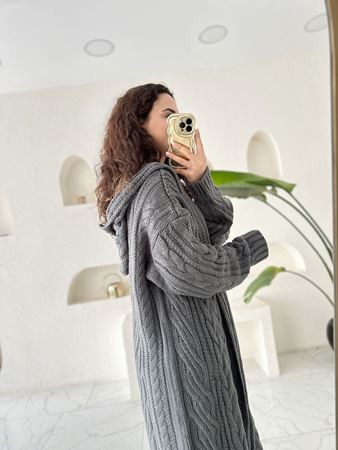 Antrasit Kapüşonlu Saç Örgü Uzun Hırka