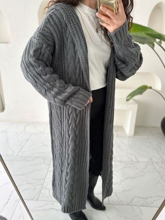 Antrasit Kapüşonlu Saç Örgü Uzun Hırka