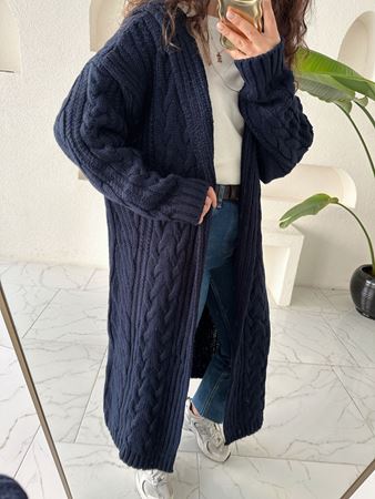 Lacivert Kapüşonlu Saç Örgü Uzun Hırka