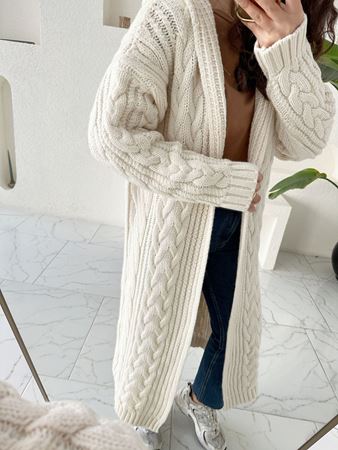 Ekru Kapüşonlu Saç Örgü Uzun Hırka