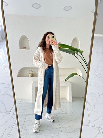 Ekru Kapüşonlu Saç Örgü Uzun Hırka