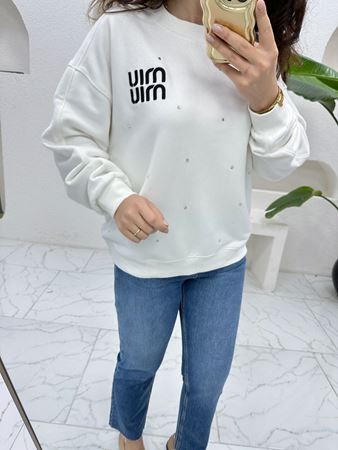 Orj Marka Beyaz Taşlı Küçük Yazı Detaylı Sweatshirt