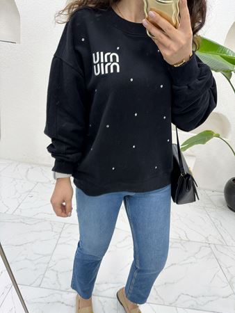 Orj Marka Siyah Taşlı Küçük Yazı Detaylı Sweatshirt