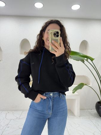 Lcst Siyah Mavi Dikiş Detaylı Kapüşonlu Sweatshirt
