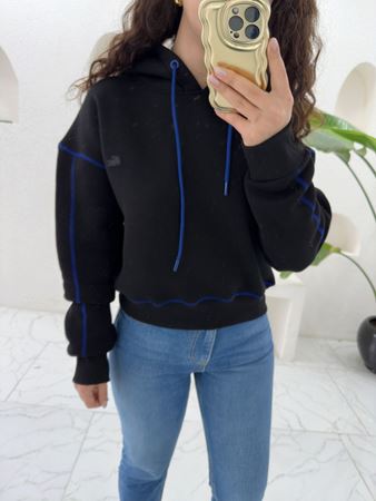 Lcst Siyah Mavi Dikiş Detaylı Kapüşonlu Sweatshirt