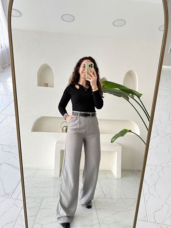 Gri Ultra Yüksek Bel Dokulu Palazzo Pantolon