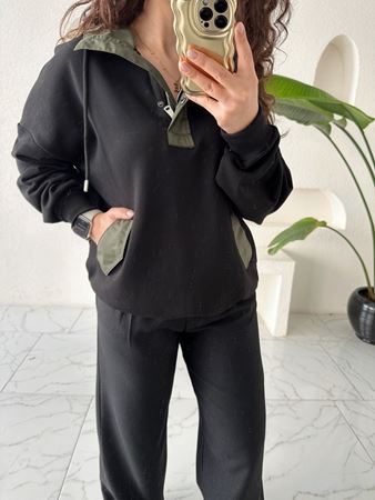 ZR Siyah Haki Garnili Kapüşonlu Sweatshirt