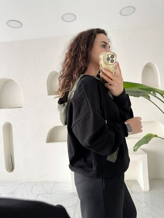 ZR Siyah Haki Garnili Kapüşonlu Sweatshirt