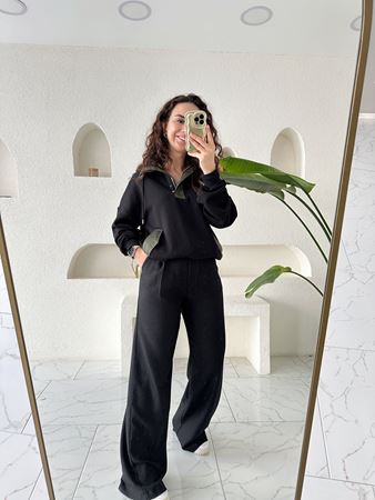 Siyah Ultra Yüksek Bel Dokulu Palazzo Pantolon