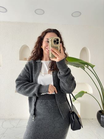 Füme Fermuarlı Hırka Etek Havlu Takım