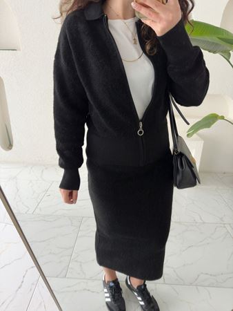 Siyah Fermuarlı Hırka Etek Havlu Takım