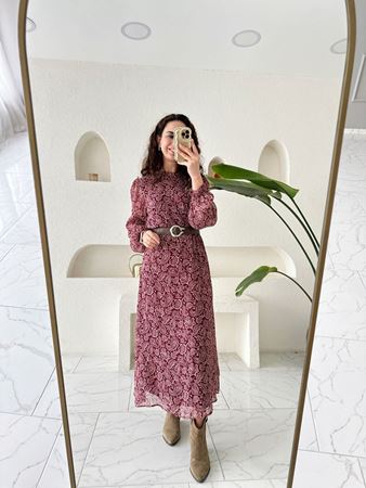 ZR Mürdüm Desenli Kendinden Kemerli Şifon Elbise