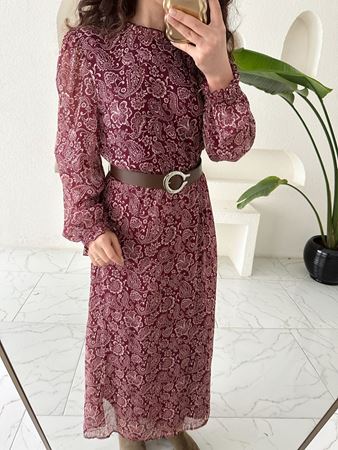 ZR Mürdüm Desenli Kendinden Kemerli Şifon Elbise