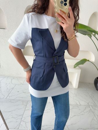 Marka Model Lacivert Beyaz Büstiyer Görünümde Premium Kalite Bluz