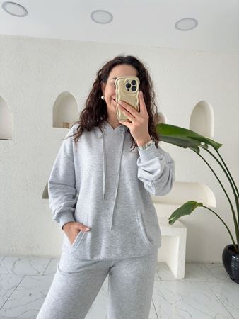 Gri Kapüşonlu Kanguru Cepli Şardonsuz Sweatshirt
