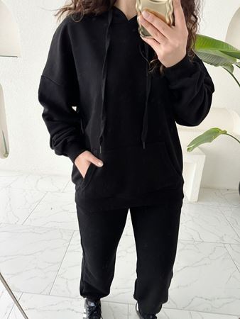 Siyah Kapüşonlu Kanguru Cepli Şardonsuz Sweatshirt