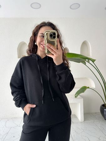 Siyah Kapüşonlu Kanguru Cepli Şardonsuz Sweatshirt