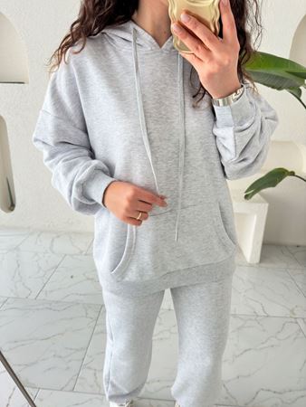 Gri Kapüşonlu Kanguru Cepli Şardonsuz Sweatshirt