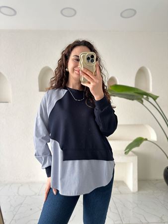 Lacivert Yan Gömlek Parçalı Modal Premium Kalite Sweatshirt