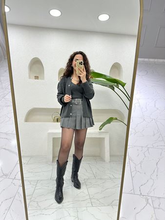 Antrasit Kendinden Kemerli Kalın Piliseli Etek