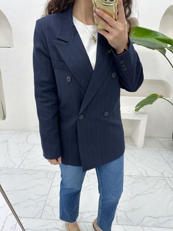 Lacivert Gri Çizgili Blazer Ceket