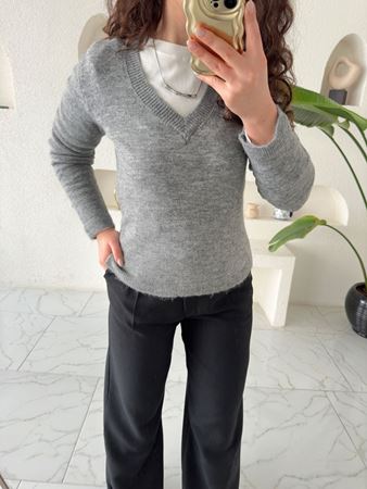 Gri V Yaka yumuşak Doku Kazak