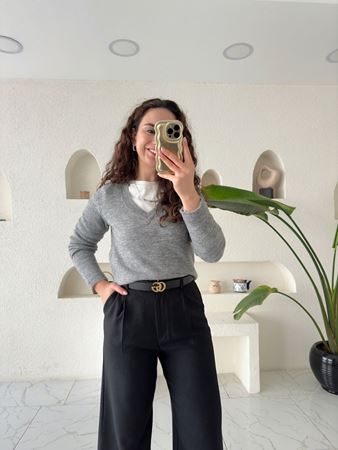 Gri V Yaka yumuşak Doku Kazak