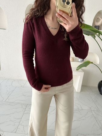 Bordo V Yaka yumuşak Doku Kazak