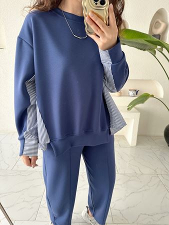 İndigo Gömlek Detaylı Modal Sweatshirt