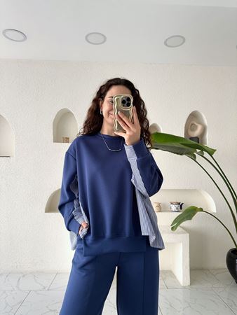 İndigo Gömlek Detaylı Modal Sweatshirt