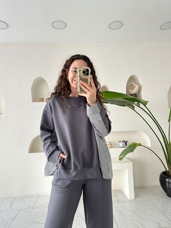 Gri Gömlek Detaylı Modal Sweatshirt