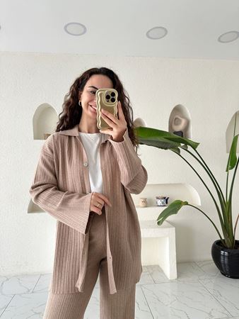 Camel Fitilli Düğme Detaylı Triko Takım