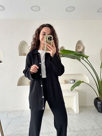 Siyah Fitilli Düğme Detaylı Triko Takım