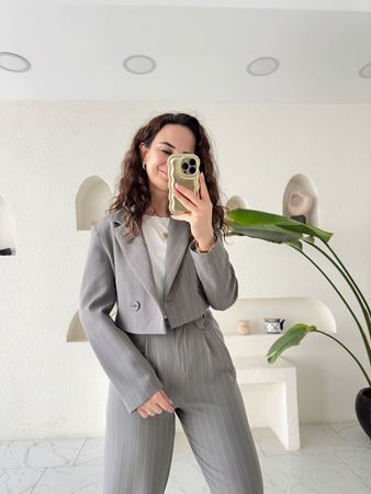 Gri Çizgili Crop Ceket