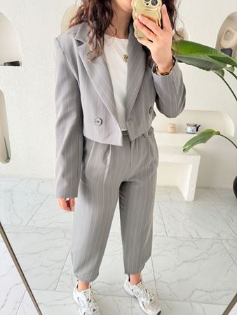 Gri Çizgili Crop Ceket