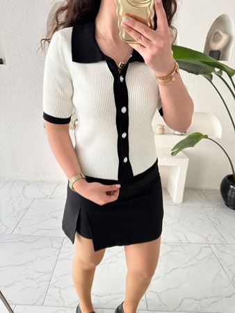 MD Ekru Polo Yaka Düğme Detaylı Yarım Kollu Triko